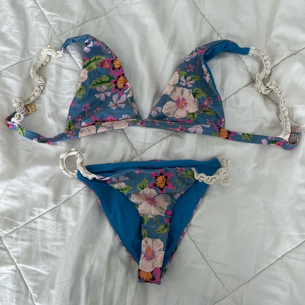 Blue floral triangle bikini set. Ruffle sleeve and bottom details. Girly